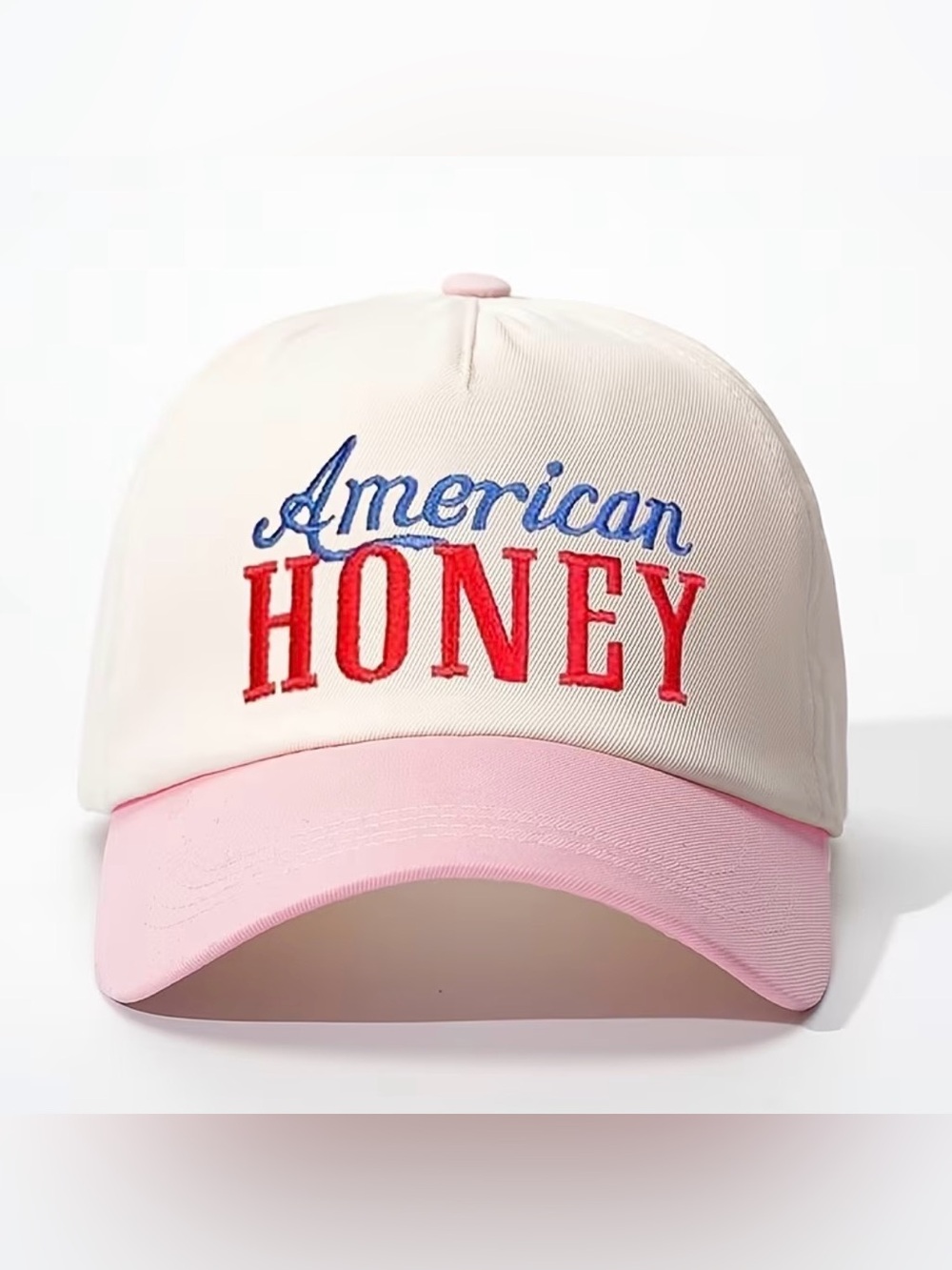 American Honey Embroidered Baseball Cap in Cream & Pink